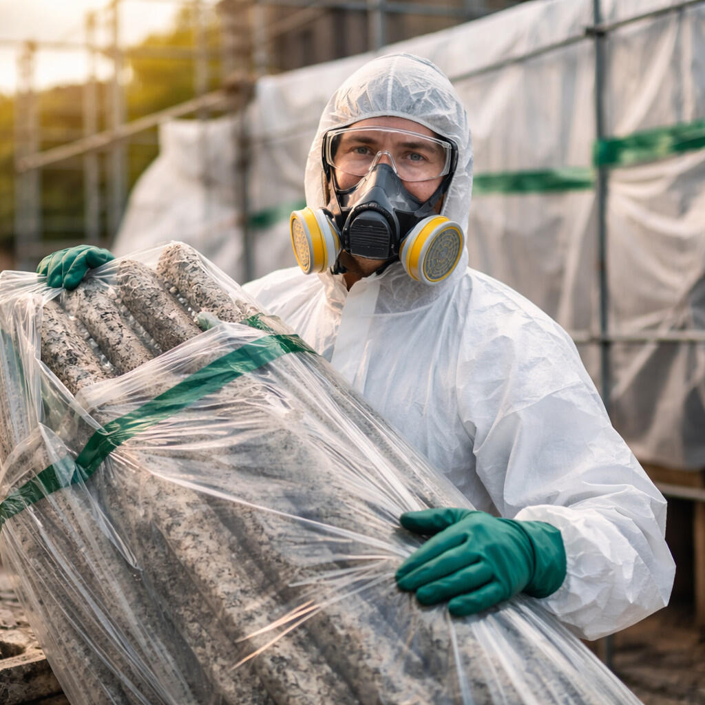 Arbeiter bei der Asbestsanierung im Freien Arbeiter bei der Asbestsanierung im Freien